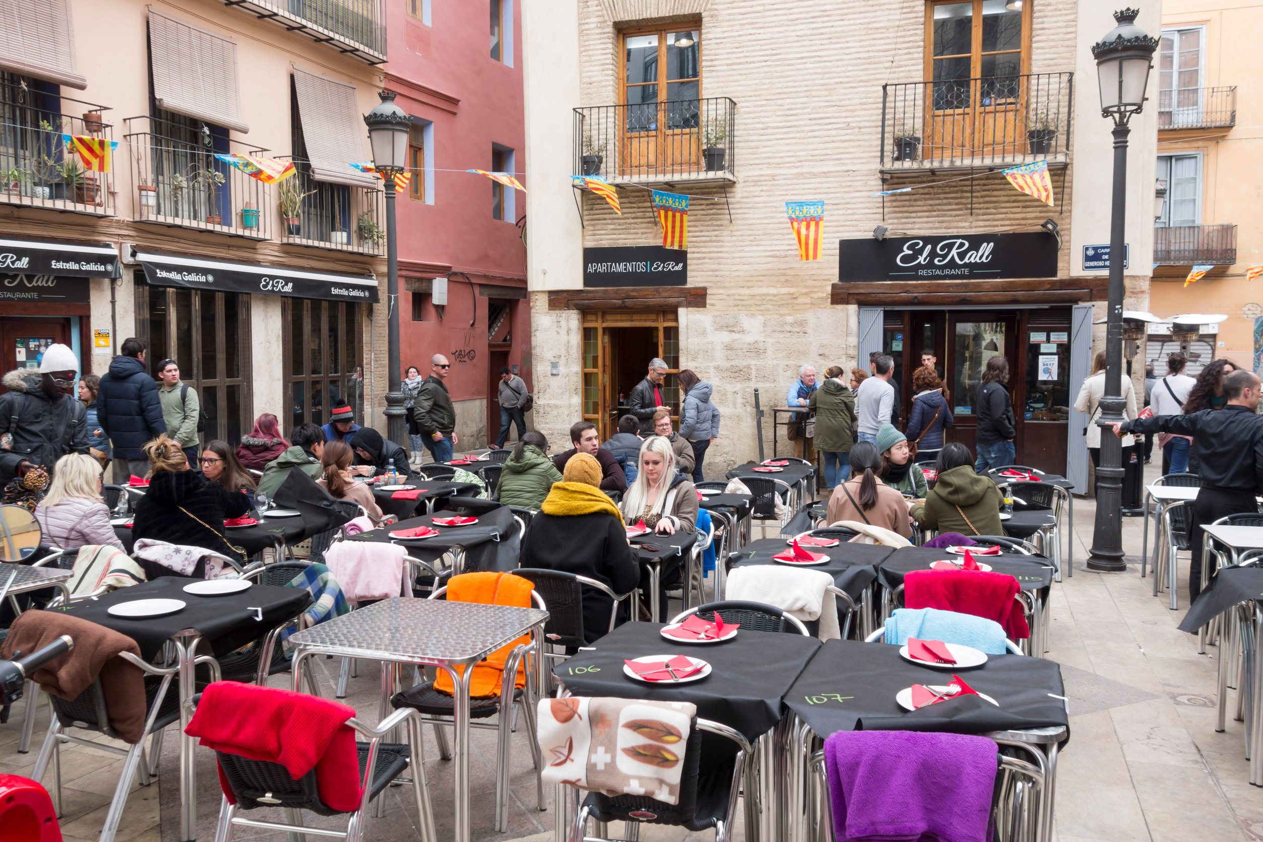 VALENCIA,SPAIN-MARCH 19,2018: Terrace bar street in Falles, traditional celebration, unesco untangible cultural heritage, Valencia,Spain.